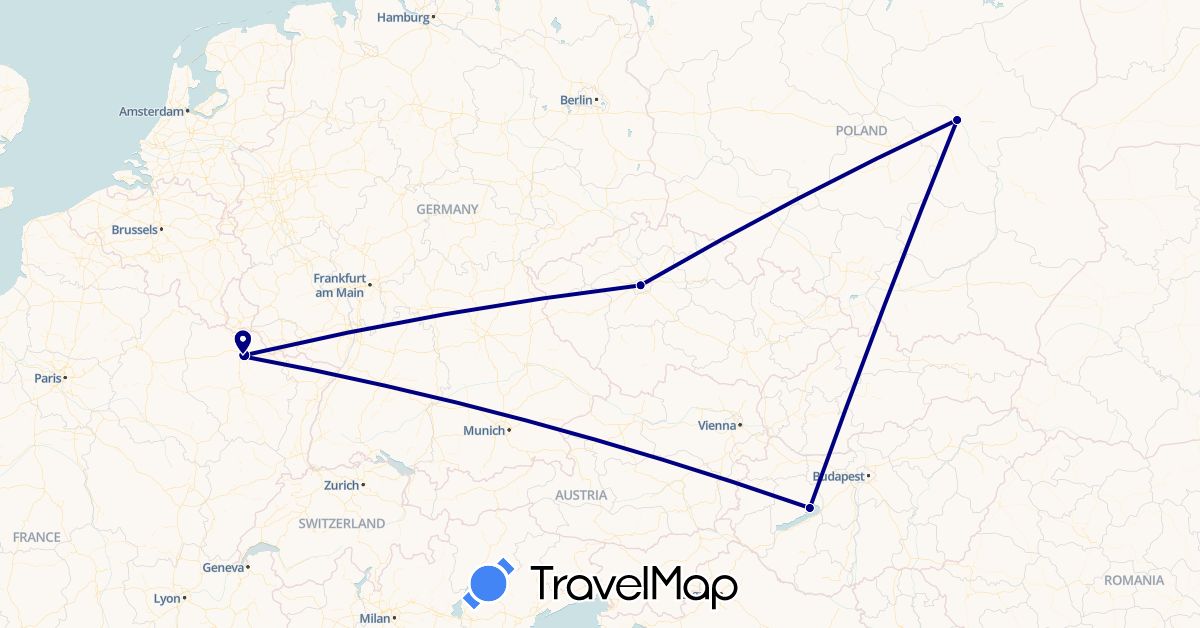 TravelMap itinerary: driving in Czech Republic, France, Hungary, Poland (Europe)